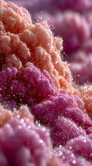 Poster - A dreamy macro shot of clustered, fluffy pink and peach textures coated in shimmering glitter, glowing with magical sparkle and soft focus