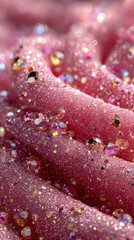 Poster - Hyperrealistic close-up of pink glittery fabric adorned with sparkling crystals and gold accents, creating a luxurious and festive texture