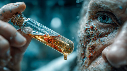 Poster - A close-up scene of a hand using a glass pipette to add liquid to antique glass bottles in a vintage pharmacy or laboratory
