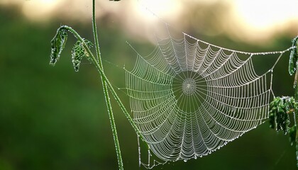 cinematic closeup of spider web with water droplets intricate pattern delicate silk green blurred background natural beauty morning freshness peaceful mood