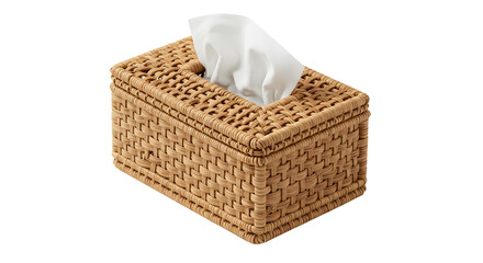 Woven tissue box with white tissues displayed prominently, set against a neutral background, ideal for home decor use