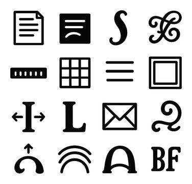 Typography silhouette icons set. includes letter, mail, grid, arrow, document, spiral, italic, frame, arch.
