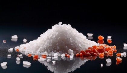 Wall Mural - coarse white salt crystals form small mound on dark surface with few reddish grains scattered nearby creating clean and minimalistic macro composition