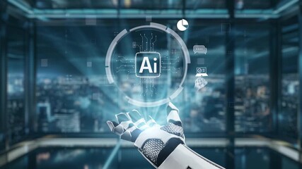 Poster - A robotic hand grasping vibrant symbols of artificial intelligence within a sleek urban landscape, emphasizing the integration of technology and future developments. Auvana