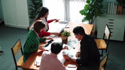 Poster - Top view of diverse business team explain marketing idea to investor while manager hold laptop and going for taking a break. Group of creative people explain financial graph at meeting. Convocation.
