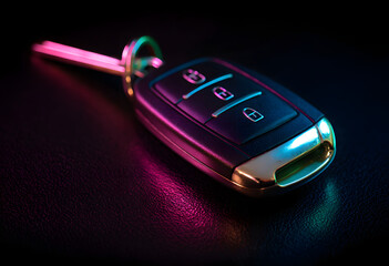 Poster - Close-up of a car key fob illuminated by colorful ambient lighting on a dark surface