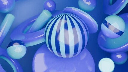 Abstract 3D Blue and lightblue glossy spheres cylinders and rings. Abstract video loop - seamless 3D motion animation background for creative video.