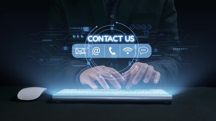 Poster - A close-up view of hands typing on a sleek keyboard with illuminated digital contact icons. This image represents modern communication methods for effective business outreach. Qubit