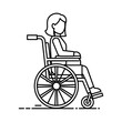 © Itals - Line drawing of a woman with short hair sitting in a wheelchair, viewed from the side.