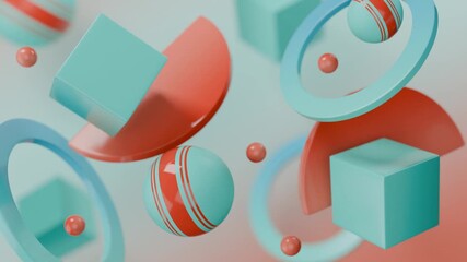 Abstract 3D Teal cubes spheres and rings in a 3d render. Gradient abstract 3D seamless loop - motion background for creative video project.