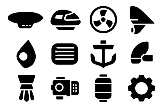 Set of black silhouette icons featuring nautical and industrial symbols