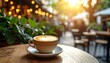 © sun - Latte art on a wooden table, outdoor cafe setting