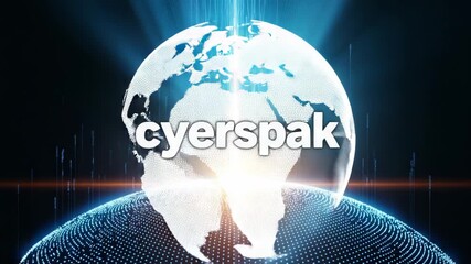 Poster - A glowing blue digital globe with streams of light and words representing technology and global connectivity