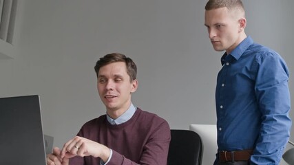 Wall Mural - Positive male project manager pointing at computer screen discussing job tasks with colleague while collaborating in modern office