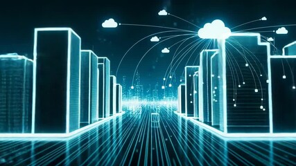 Poster - Abstract digital representation of cloud computing with interconnected data nodes and a glowing city