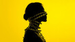 © FH Media Design - illustration of a female silhouette being chained by mental chains around the head and neck. isolated on yellow background