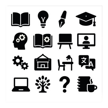 Education silhouette icon set: book, lightbulb, graduation cap, laptop, blackboard, study, e-learning