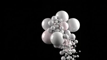 Poster - A cluster of glossy white spheres and droplets cascade against a dark background