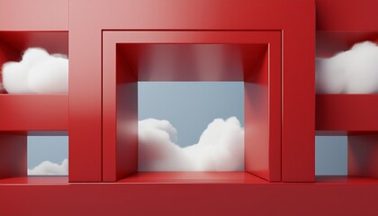 Poster - 3d render abstract fantasy background flying realistic clouds red square hole on the white wall minimalist geometric wallpaper