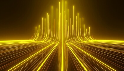 Poster - 3d render abstract background of yellow neon lines ascending modern digital wallpaper streaming power