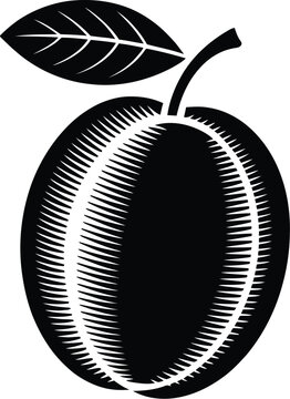 A striking black and white illustration showcases a plum with a leaf, rendered in a woodcut style, perfect for designs needing a touch of vintage or minimalist fruit art.