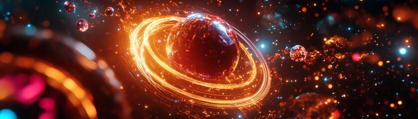 Wall Mural - Vibrant cosmic scene with a planet, rings and nebulas across a starry space. A celestial sphere with vibrant color displays