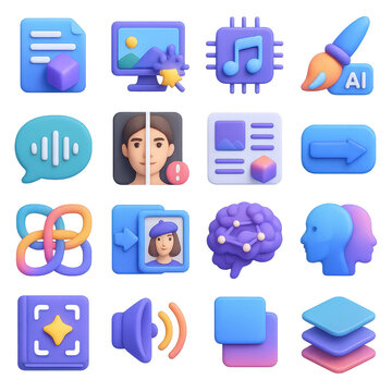 Technology 3d icon set. containing ai, cloud, music, art, communication, profile, voice, and more.