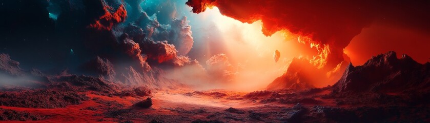 Wall Mural - An awe-inspiring celestial landscape with vibrant hues. This surreal artwork showcases dramatic clouds and a fiery glow, creating an atmosphere of wonder and immensity
