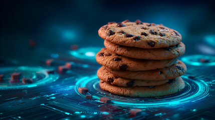 Poster - Stack of chocolate chip cookies sitting on futuristic circuit board