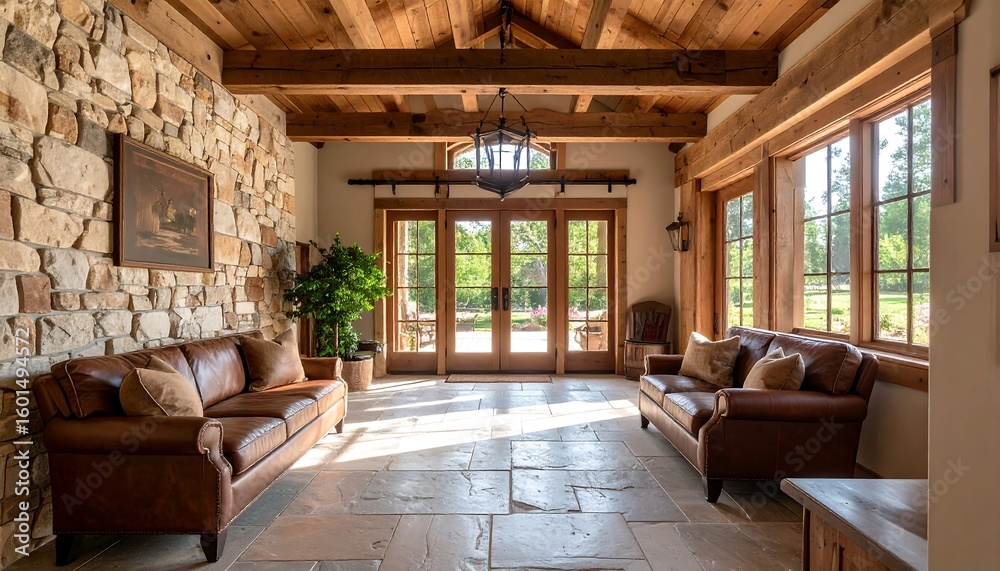 Living Room with Stone Wall and Natural Light Interior Design Stock ...