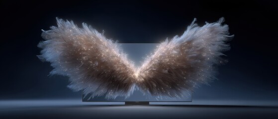 Poster - Digital art of spreading wings emerging from display screen with ethereal feathers