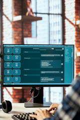 Poster - Person speaking with LLM chatbot using AI implementations designed to understand human language. Man talks with AI chatbot trained on vast amounts of text data enabling them to perform various tasks