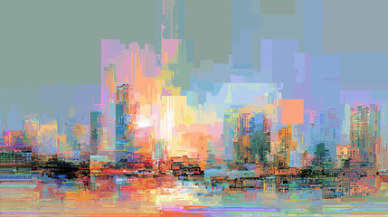 Poster - Abstract cityscape with bright colors depicting glitch vector background  