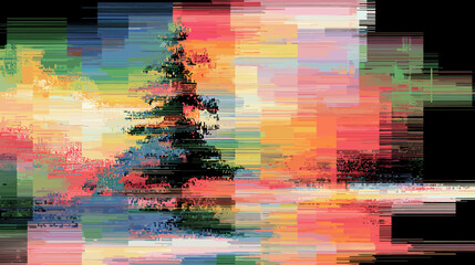 Poster - Abstract glitch vector background with colorful patterns and tree  