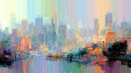 Poster - Abstract city skyline in glitch style with vibrant colors  