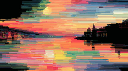 Poster - Abstract glitch vector background with colorful sunrise over water  