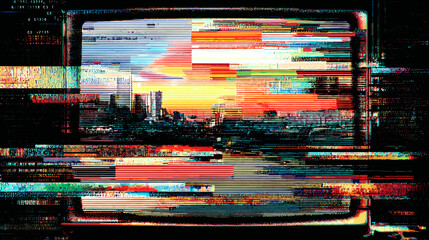 Poster - Glitch vector background with distorted city skyline at sunset  