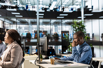 Poster - Businessman studying infographics and performance metrics for decision making, focused on project goals. Executive assistant managing business tasks and reviewing data, showcasing expertise.
