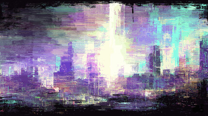 Poster - Abstract glitch vector background with vibrant colors and cityscape  