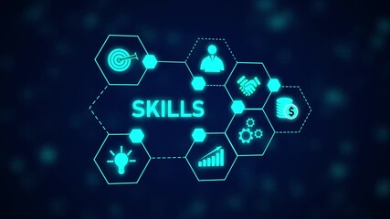 Poster - Dynamic Skills Network Hexagon Abstract Business Growth Technology Innovation Success Strategy.Skills And Innovation Drive Business Growth With Strategy, Teamwork, And Futuristic Vision.