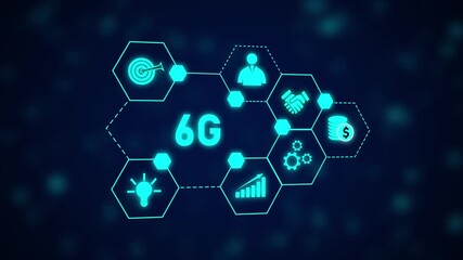 Poster - Stunning 6 G Network Technology Hexagon Animation Futuristic Business Growth Innovation Success. Explore 6G Network Technology For Futuristic Growth, Innovation, Smart Cities, And Connectivity.