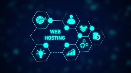 Poster - Web Hosting Business Growth Strategy Success Animated Hexagon Network Technology Digital. Big Data And Analytics Drive Innovation, Strategy, And Success In A Futuristic Global Economy.