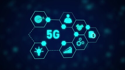 Poster - Stunning 5G Network Technology Animation Hexagon Business Growth Innovation Success Future. 5G Network Technology Animation With Hexagon Shapes Driving Business Growth And Digital Innovation.