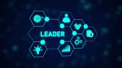 Poster - Leadership Business Strategy Success Growth Innovation Technology Network Hexagon Abstract. Leadership Business Strategy Animation with Teamwork, Innovation, and Digital Growth.