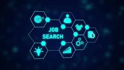 Poster - Dynamic Job Search Process Animated Network Hexagon Icons Target Business Career Employment. Job Search Animation with Recruitment Strategy and Career Growth Opportunity.