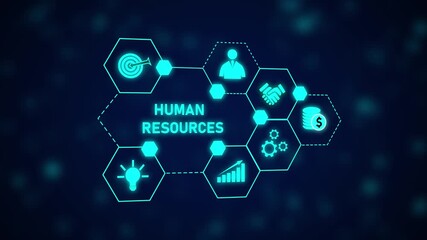 Poster - Human Resources Management System Animated Network Hexagon Icons Business Strategy Growth Success. Human Resources Management System Animation with Digital Strategy and Corporate Growth.