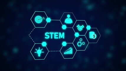 Poster - Animated STE M Network Hexagon Innovation Technology Business Growth Success Teamwork. STEM Technology Innovation Animation with Business Growth and Collaborative Strategy.