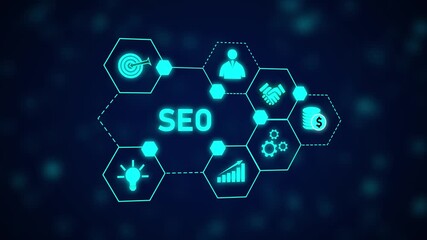 Poster - Dynamic SEO Animation Hexagon Network Business Growth Strategy Marketing Success Digital. SEO Marketing Strategy Animation with Digital Business Growth and Data Analysis.