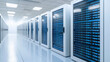 © Dzunstock - A bright, modern data center with rows of server racks, blue LED lights, and a clean, spacious corridor.