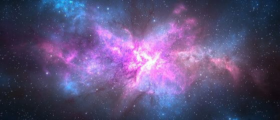 Wall Mural - Vibrant pink and blue nebula with sparkling stars scattered across a vast cosmic space scene.